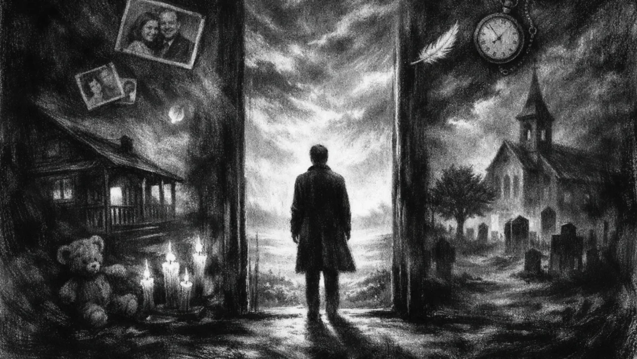 Filmski poster u charcoal film noir stil, crno-bijeli prizor s dubokim sjenama i melankoličnom atmosferom koji naglašava obitelj i sjećanje