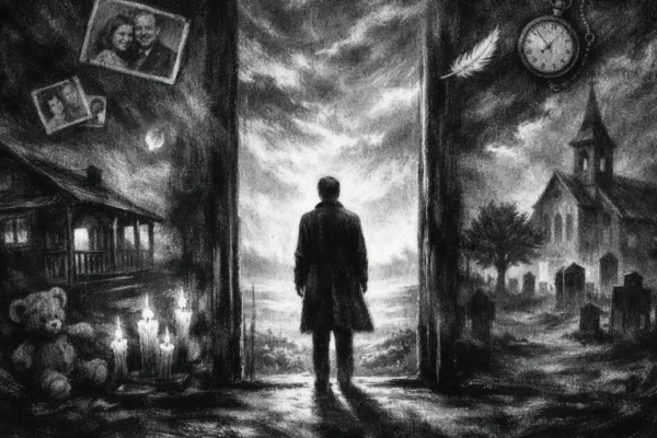 Filmski poster u charcoal film noir stil, crno-bijeli prizor s dubokim sjenama i melankoličnom atmosferom koji naglašava obitelj i sjećanje