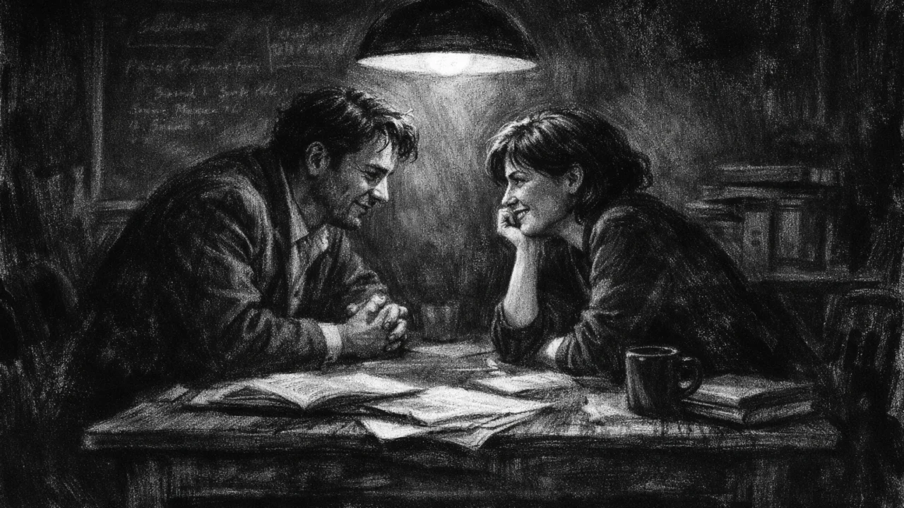 Intimna scena razgovora dvoje ljudi za stolom, prikazana u charcoal film noir stilu, crno-bijelo s dramatičnim osvjetljenjem i dubokim sjenama, osjećaj bliskosti i introspekcije.