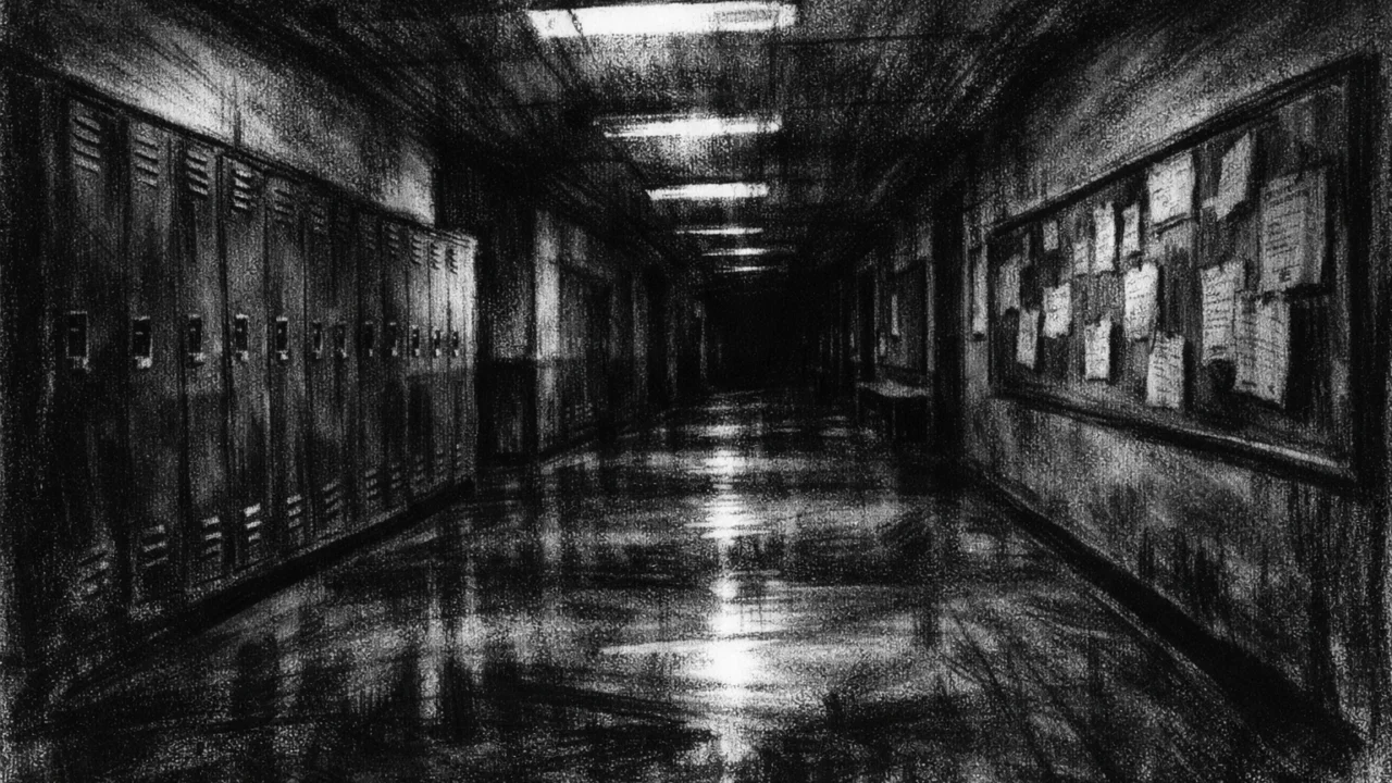 Prazan hodnik obrazovne ustanove noću, nacrtan u charcoal film noir stilu, crno-bijeli kontrasti, duboke sjene i tiha, simbolična atmosfera.