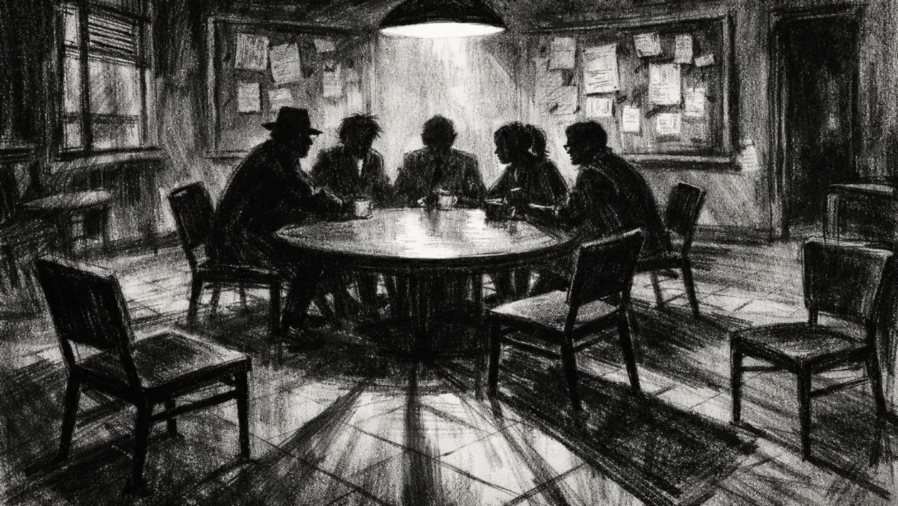 Kinematografski poster s grupom silueta u akademskom prostoru, izrađen u charcoal film noir stilu, crno-bijelo, snažni kontrasti i duboke sjene, melankolična i duhovita atmosfera.