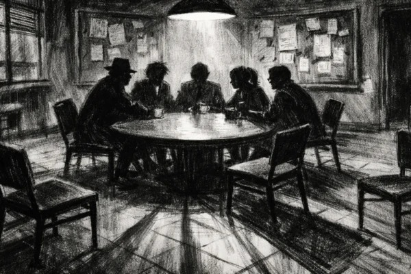 Kinematografski poster s grupom silueta u akademskom prostoru, izrađen u charcoal film noir stilu, crno-bijelo, snažni kontrasti i duboke sjene, melankolična i duhovita atmosfera.