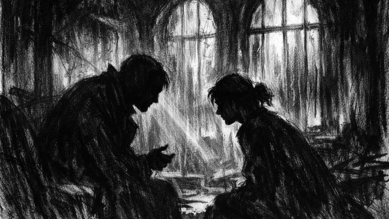 Dvoje ljudi u tihom razgovoru u mračnom interijeru, naglašene sjene i emocije u charcoal film noir stilu.