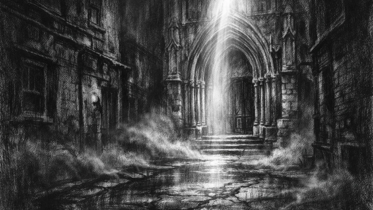 Prazna gradska ulica s ulazom u katedralu, magla i kontrastno svjetlo u charcoal film noir stilu.