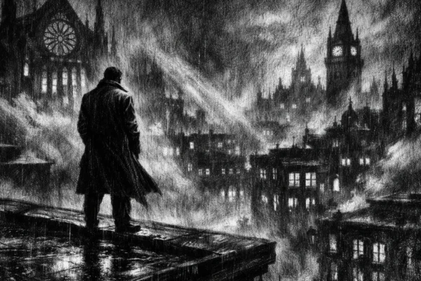 Filmski plakat s usamljenom figurom na krovu grada, mračna atmosfera i duboke sjene u charcoal film noir stilu.