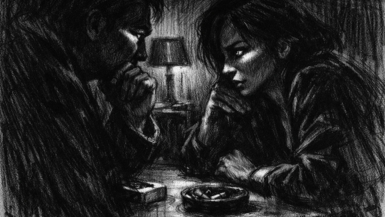 Dvoje ljudi u tihom razgovoru prikazani u charcoal film noir stilu, crno-bijeli kontrasti, naglašene sjene i dramatično osvjetljenje koje odražava emocionalnu težinu trenutka.