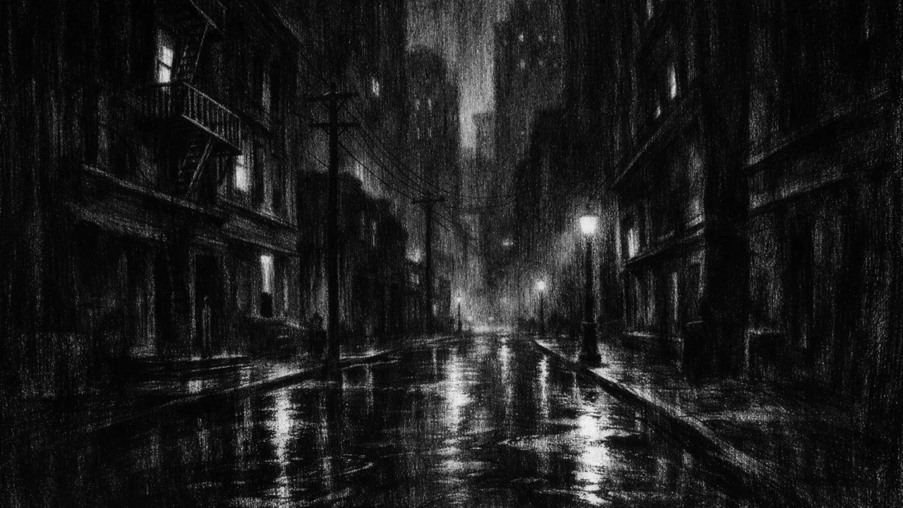 Atmosferski noćni grad u charcoal film noir stilu, crno-bijeli prikaz praznih ulica, duboke sjene i snažan osjećaj samoće i napetosti.
