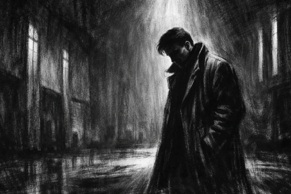 Plakat u charcoal film noir stilu, crno-bijela scena s usamljenom figurom u mračnom prostoru, snažni kontrasti i duboke sjene stvaraju tjeskobnu i introspektivnu atmosferu.