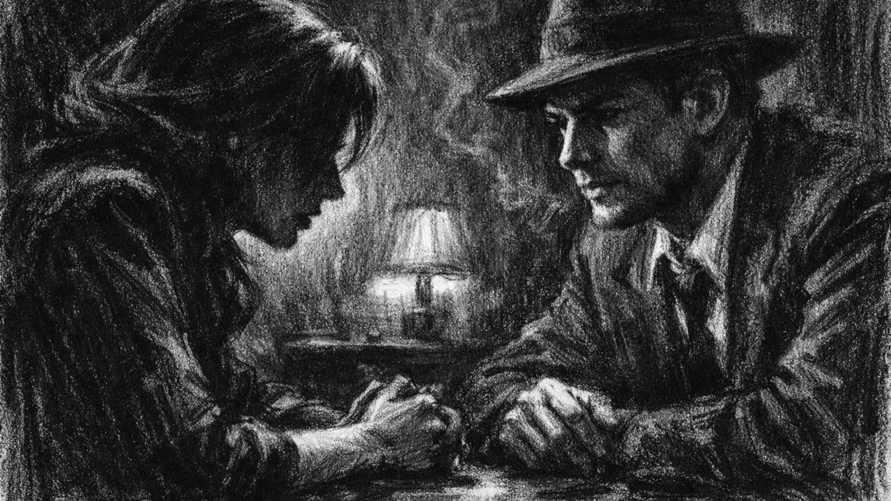 Intimna scena u charcoal film noir stilu, crno-bijela kompozicija s dvoje ljudi u tihom razgovoru, naglašene sjene i emotivna napetost.