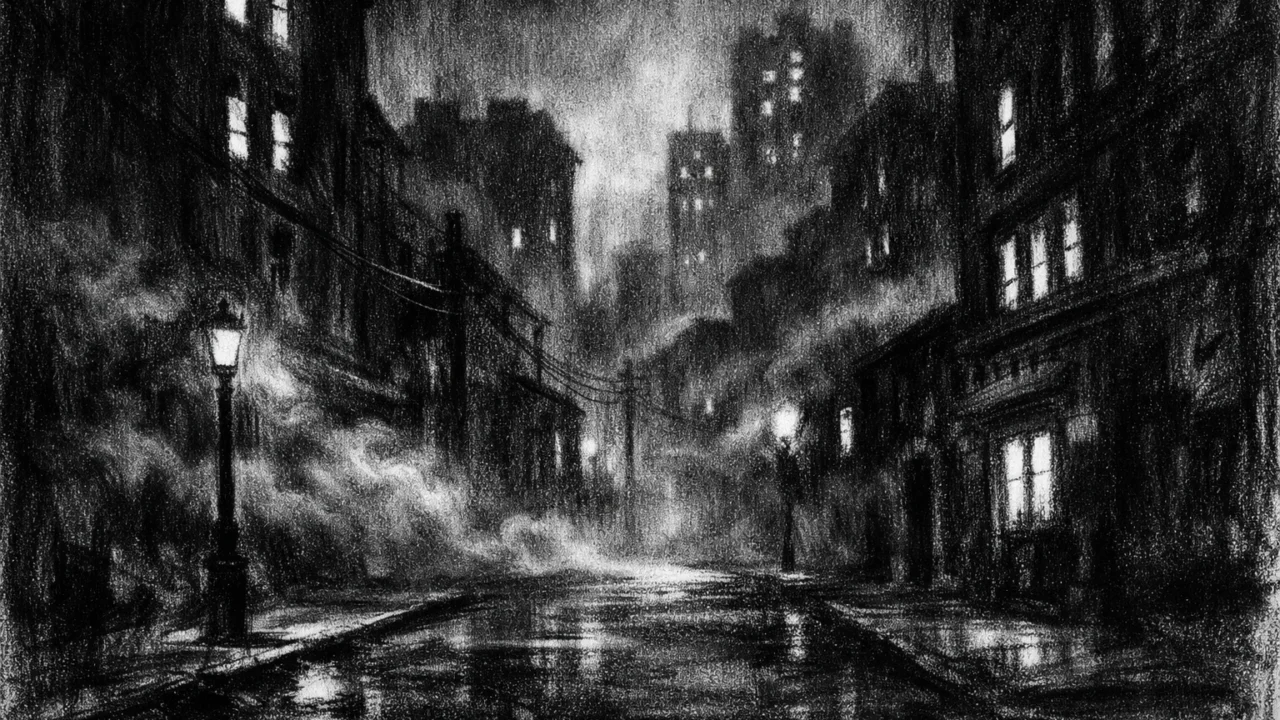 Atmosferski gradski pejzaž u charcoal film noir stilu, crno-bijela noćna scena s maglom, dubokim sjenama i osjećajem izolacije i introspekcije.