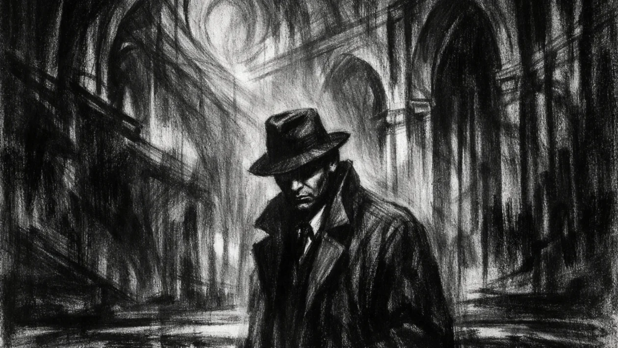 Filmski poster u charcoal film noir stilu, crno-bijeli prizor s dubokim sjenama i snažnim kontrastom, usamljena figura u mračnoj arhitekturi koja odiše psihološkom napetošću.