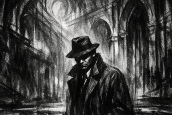 Filmski poster u charcoal film noir stilu, crno-bijeli prizor s dubokim sjenama i snažnim kontrastom, usamljena figura u mračnoj arhitekturi koja odiše psihološkom napetošću.
