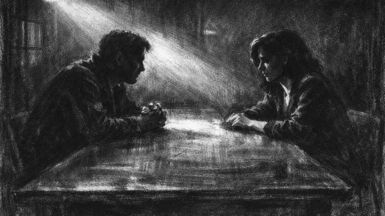 Dvije osobe u tihoj raspravi pod jakim svjetlom, charcoal film noir stil, crno-bijela atmosfera i naglašene sjene.