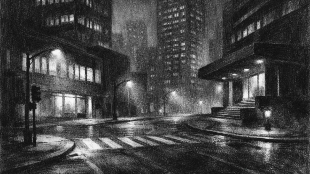 Noćni gradski pejzaž bez ljudi, charcoal film noir stil, visoki kontrast, maglovita i melankolična atmosfera.