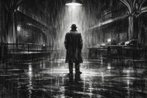Kinematografski poster s usamljenom figurom u tamnom interijeru, charcoal film noir stil, snažni kontrasti i duboke sjene.