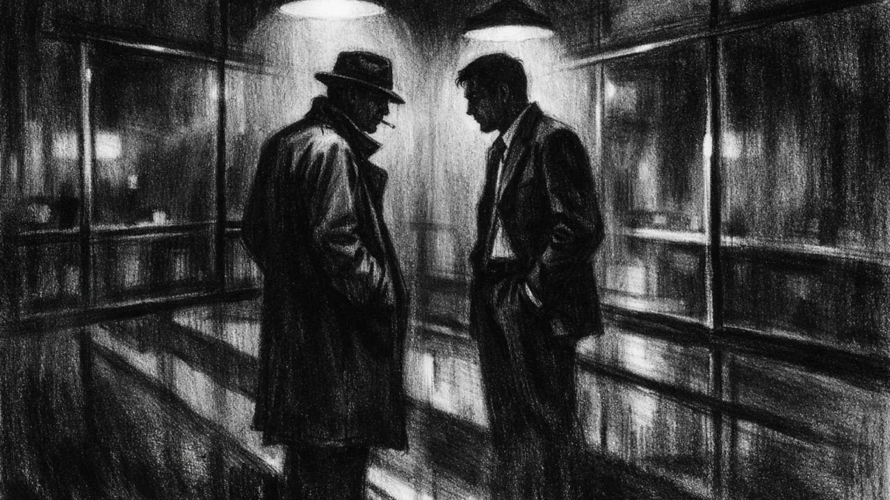Dva lika u razgovoru prikazana u charcoal film noir stilu, crno-bijela scena s jakim kontrastom, naglašena emocionalna napetost i ozbiljan ugođaj.
