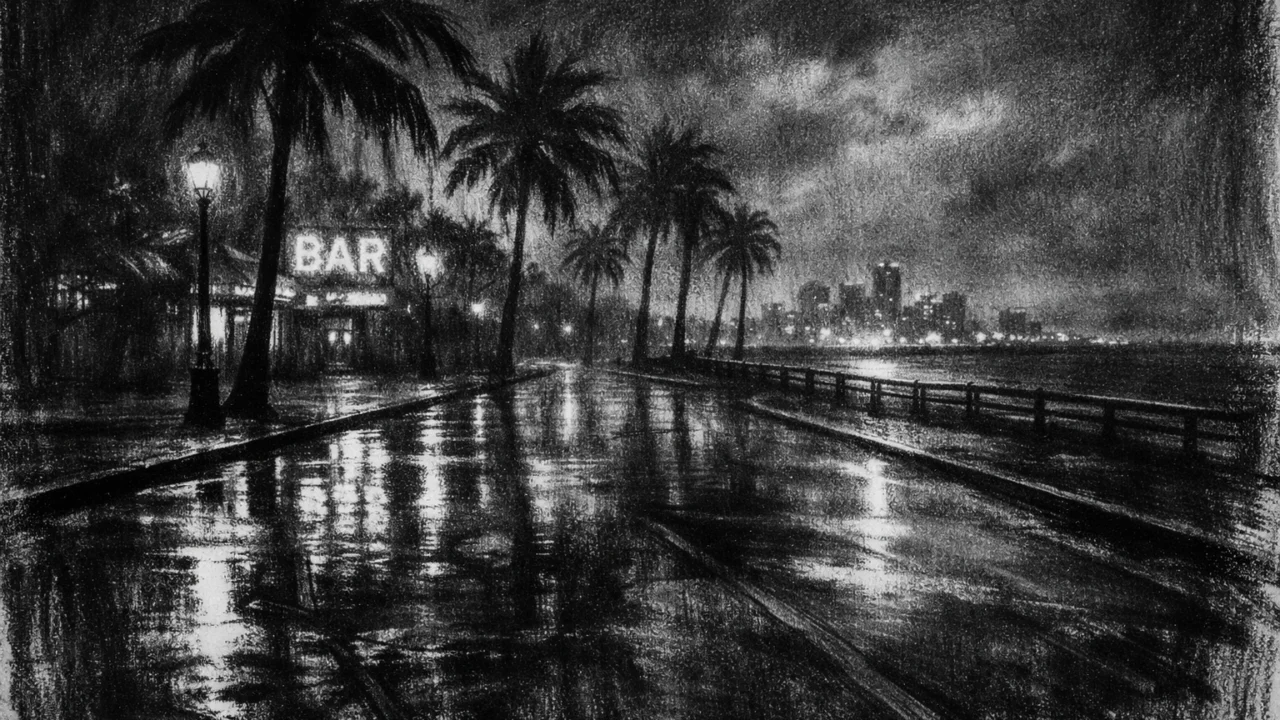 Prazna obalna ulica noću u charcoal film noir stilu, crno-bijeli kontrasti, palme i neonski odsjaji stvaraju mračnu, melankoličnu atmosferu.