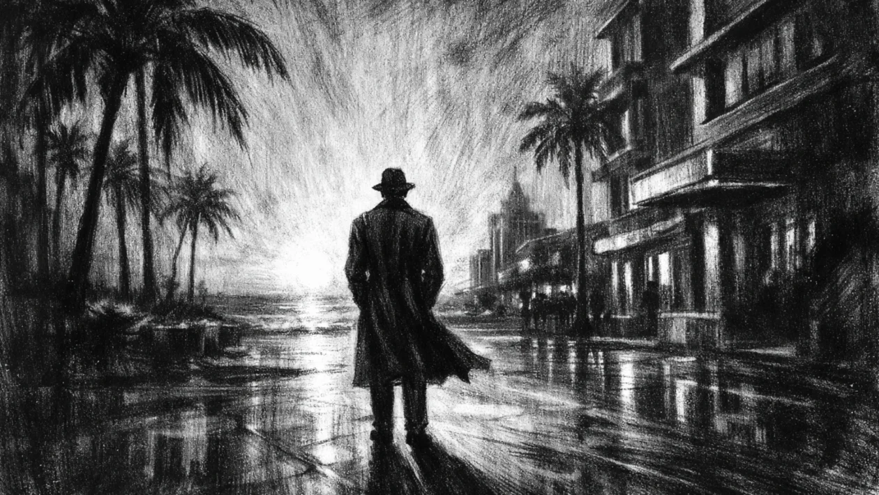 Filmski poster u charcoal film noir stilu, crno-bijeli prizor s dubokim sjenama, usamljena figura u obalnom gradu, snažna atmosfera napetosti i introspekcije.