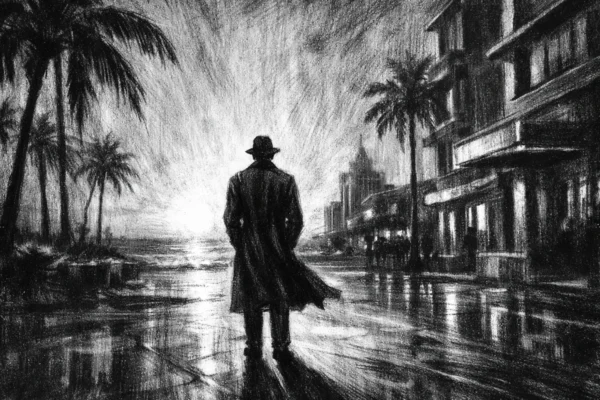 Filmski poster u charcoal film noir stilu, crno-bijeli prizor s dubokim sjenama, usamljena figura u obalnom gradu, snažna atmosfera napetosti i introspekcije.