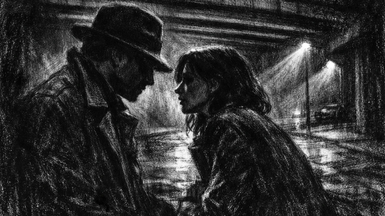 Dvoje ljudi u tihom razgovoru ispod nadvožnjaka, naglašene sjene i svjetlo, charcoal film noir stil s emotivnom napetošću.