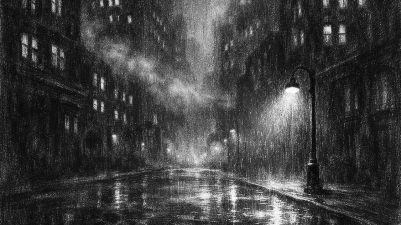 Prazna noćna ulica s neboderima i maglom, grad kao tihi promatrač, prikazano u charcoal film noir stil, visoki kontrast i mračan ugođaj.