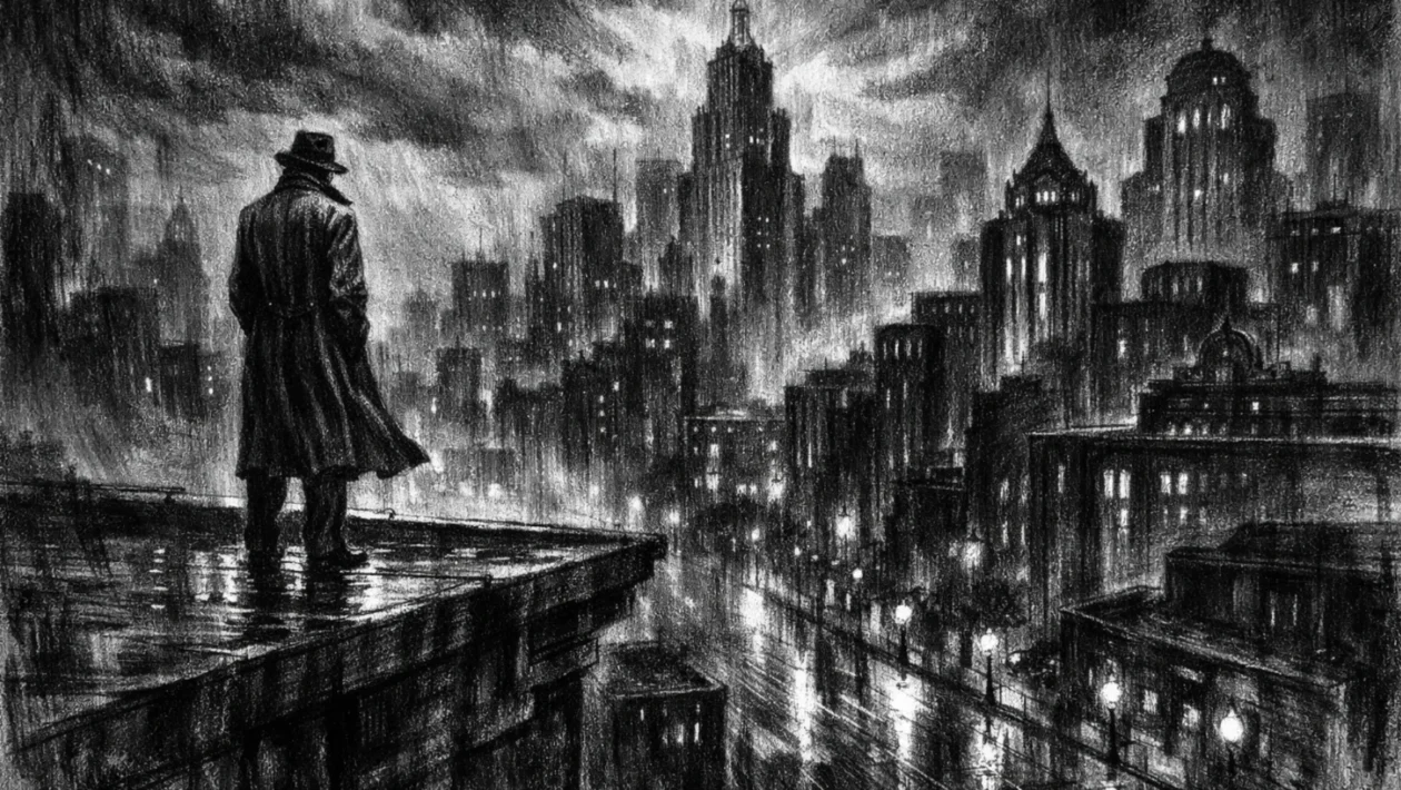 Cinematic poster s usamljnom figurom iznad grada, izrađen u charcoal film noir stil, crno-bijelo s dubokim sjenama i melankoličnom atmosferom.