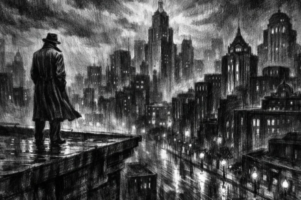 Cinematic poster s usamljnom figurom iznad grada, izrađen u charcoal film noir stil, crno-bijelo s dubokim sjenama i melankoličnom atmosferom.