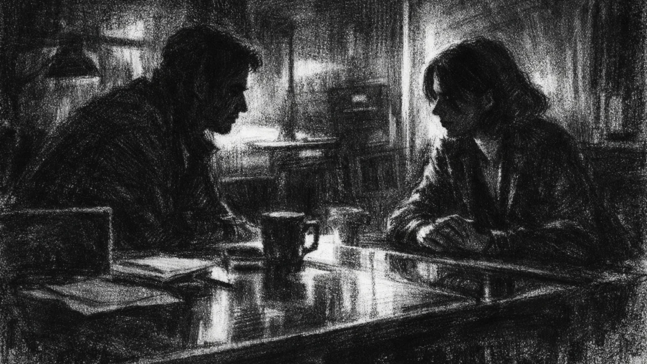 Dvoje ljudi u tihom razgovoru u mračnoj prostoriji, naglašene sjene i introspektivna atmosfera, charcoal film noir stil