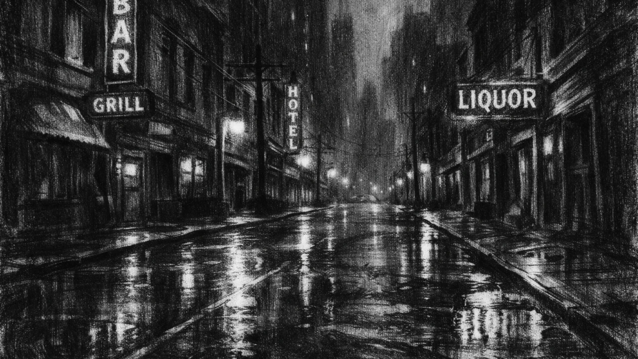Noćna urbana scena s praznom ulicom i refleksijama svjetla, melankoličan ugođaj, charcoal film noir stil