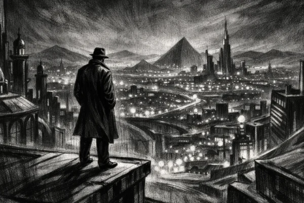 Cinematični poster s usamljenom figurom iznad grada noću, snažne sjene i emocionalna napetost, charcoal film noir stil