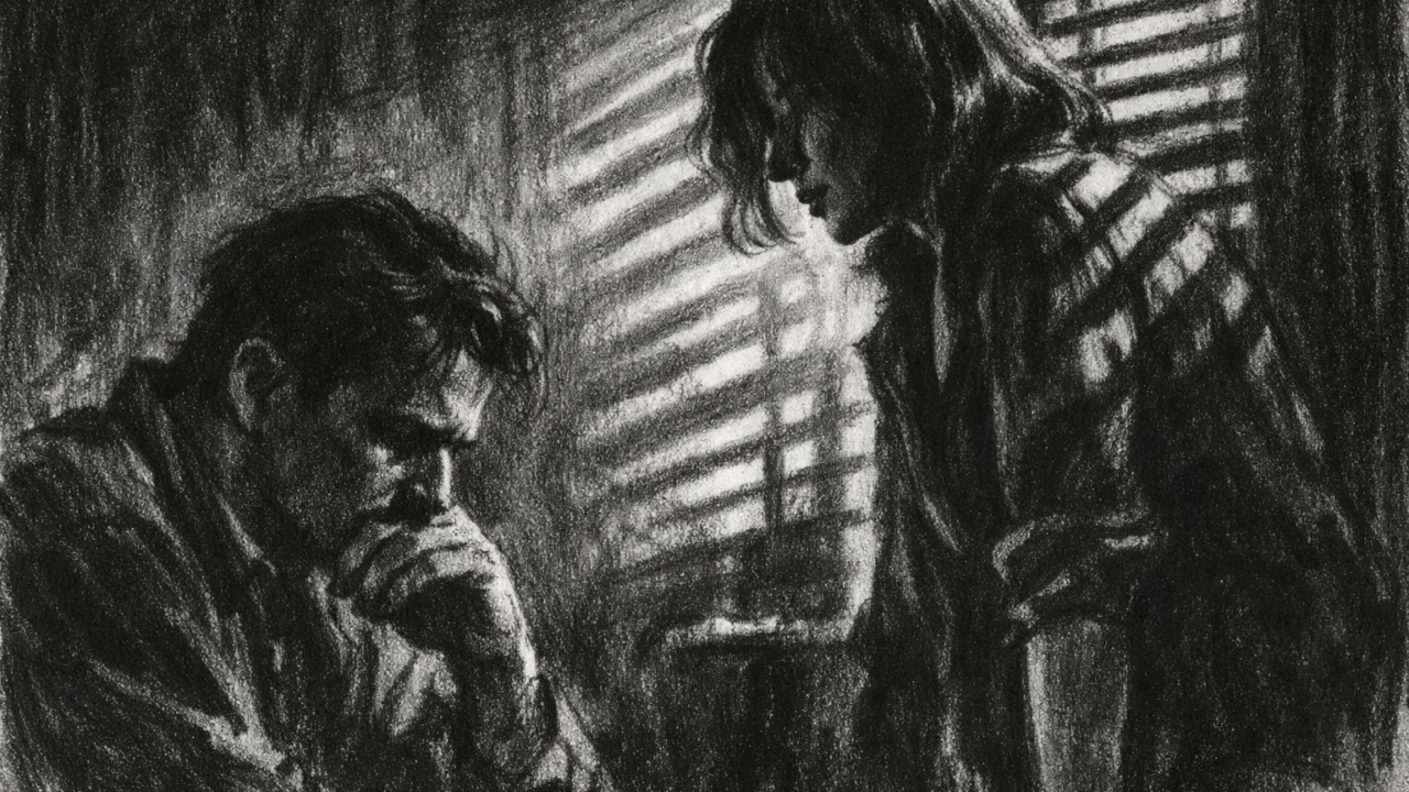 Dvoje ljudi u tihom razgovoru u mračnoj prostoriji, snažan kontrast svjetla i sjene, charcoal film noir stil, emotivna napetost.