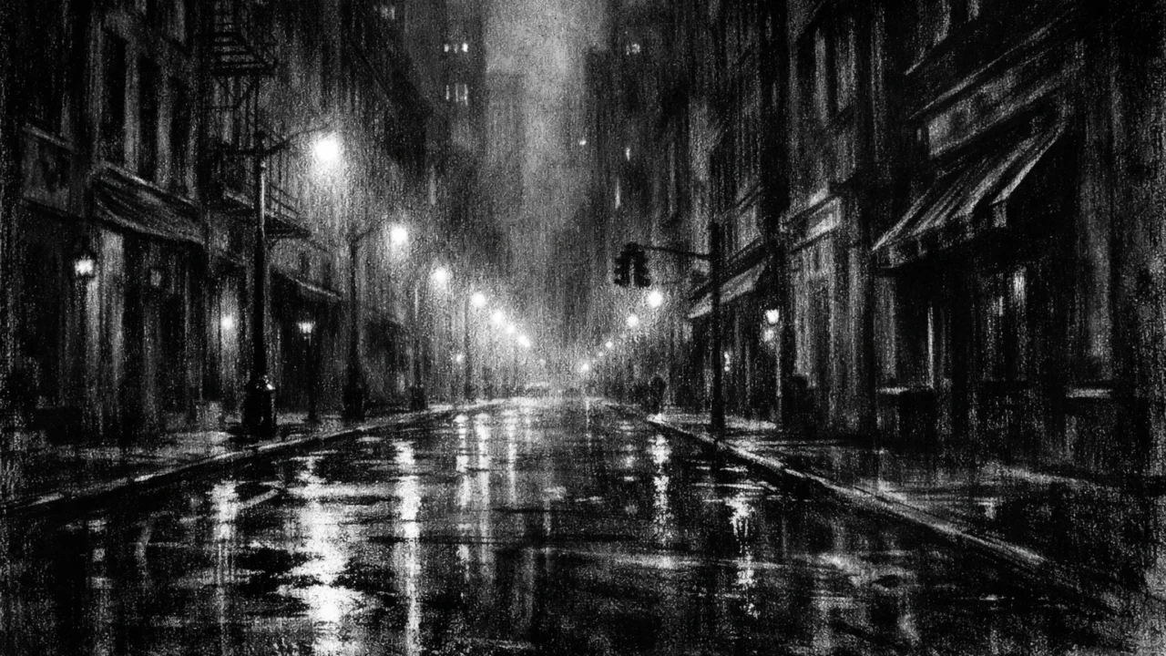 Prazna gradska ulica u noći s maglom i svjetlima, visoki kontrast i duboke sjene, charcoal film noir stil, simbolična tišina.