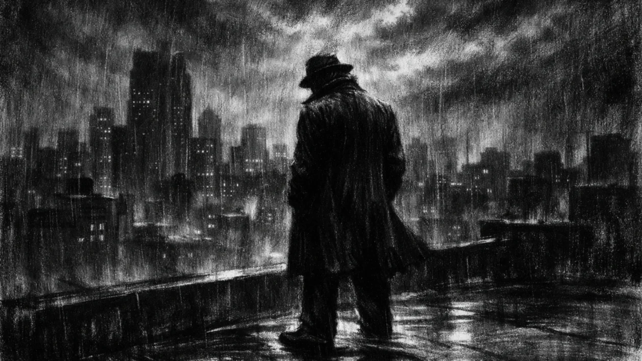 Usamljena figura na krovu grada u noći, snažne sjene i kiša, charcoal film noir stil, mračna i introspektivna atmosfera.