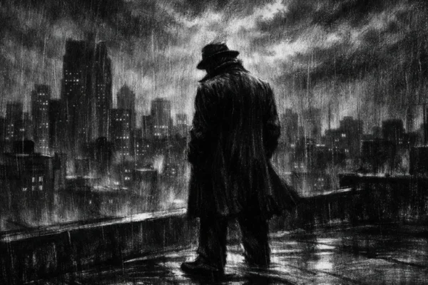 Usamljena figura na krovu grada u noći, snažne sjene i kiša, charcoal film noir stil, mračna i introspektivna atmosfera.