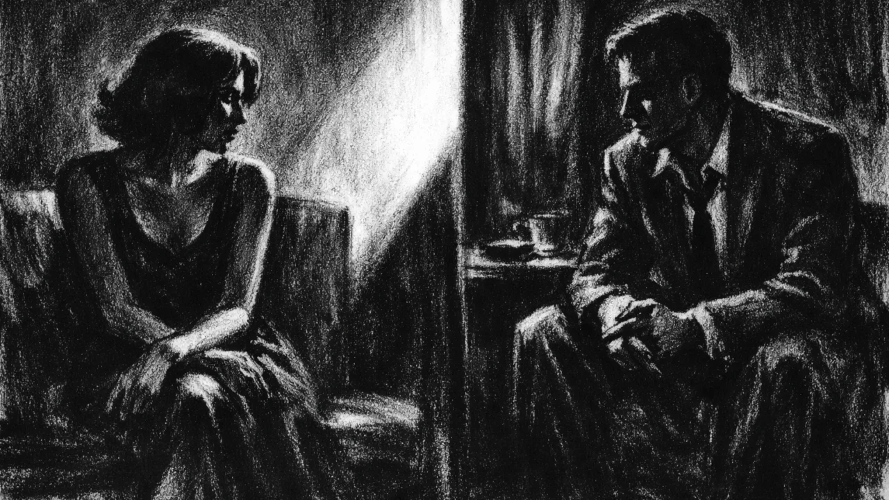 Dvoje ljudi u napetom razgovoru u zatvorenom prostoru, snažni kontrasti svjetla i sjene u charcoal film noir stilu, naglašena emocionalna udaljenost i čežnja.