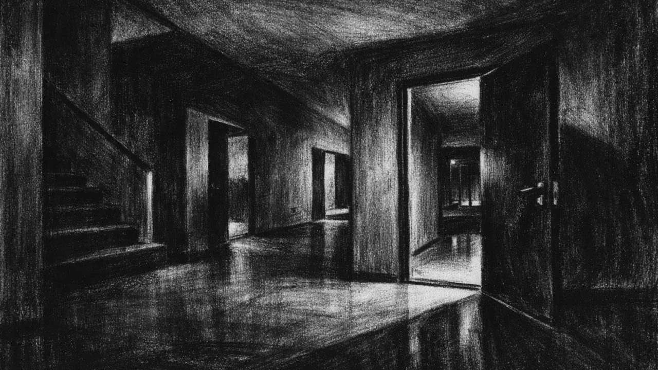 Prazna kuća noću s dugim hodnicima i tamnim kutovima, simboličan prostor tajni i želje u charcoal film noir stilu, snažan crno-bijeli kontrast.