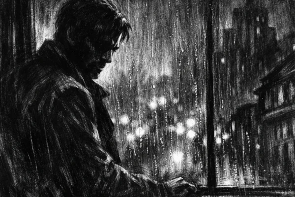 Filmski poster s usamljenom figurom uz prozor, kišna noć i snažne sjene u charcoal film noir stilu, crno-bijela atmosfera puna tajne i unutarnje napetosti.