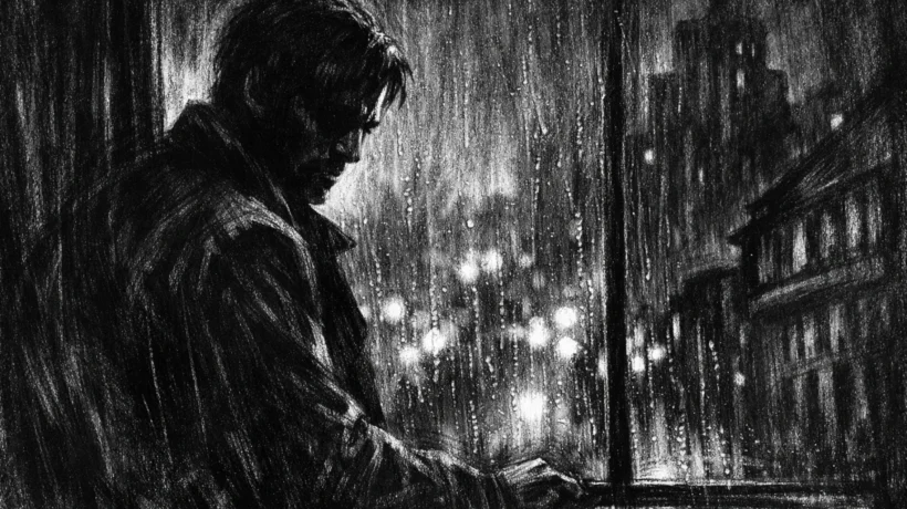 Filmski poster s usamljenom figurom uz prozor, kišna noć i snažne sjene u charcoal film noir stilu, crno-bijela atmosfera puna tajne i unutarnje napetosti.