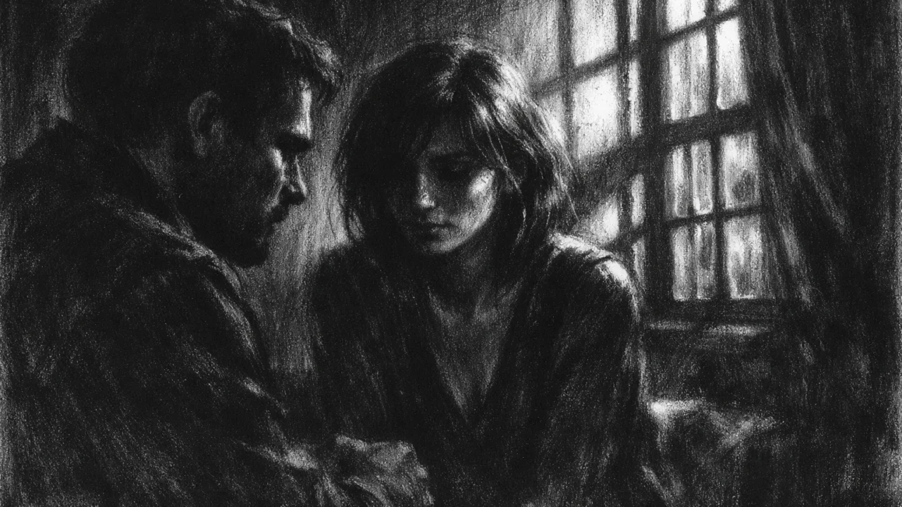 Intimna scena dvoje ljudi u polumraku, naglašene emocije i kontrastno svjetlo u charcoal film noir stilu.