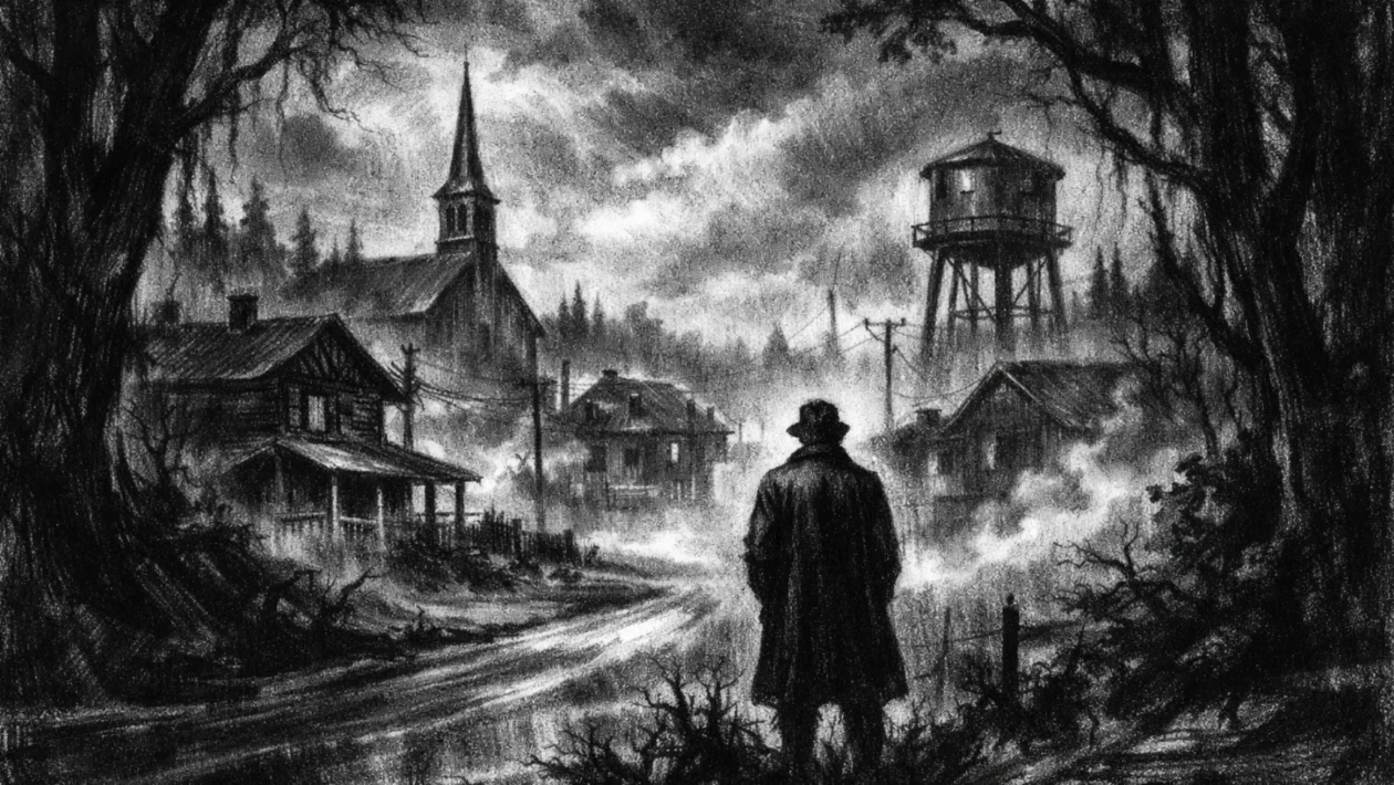 Kinematografski poster s usamljenom figurom uz šumsku cestu, mračna atmosfera i duboke sjene u charcoal film noir stilu.