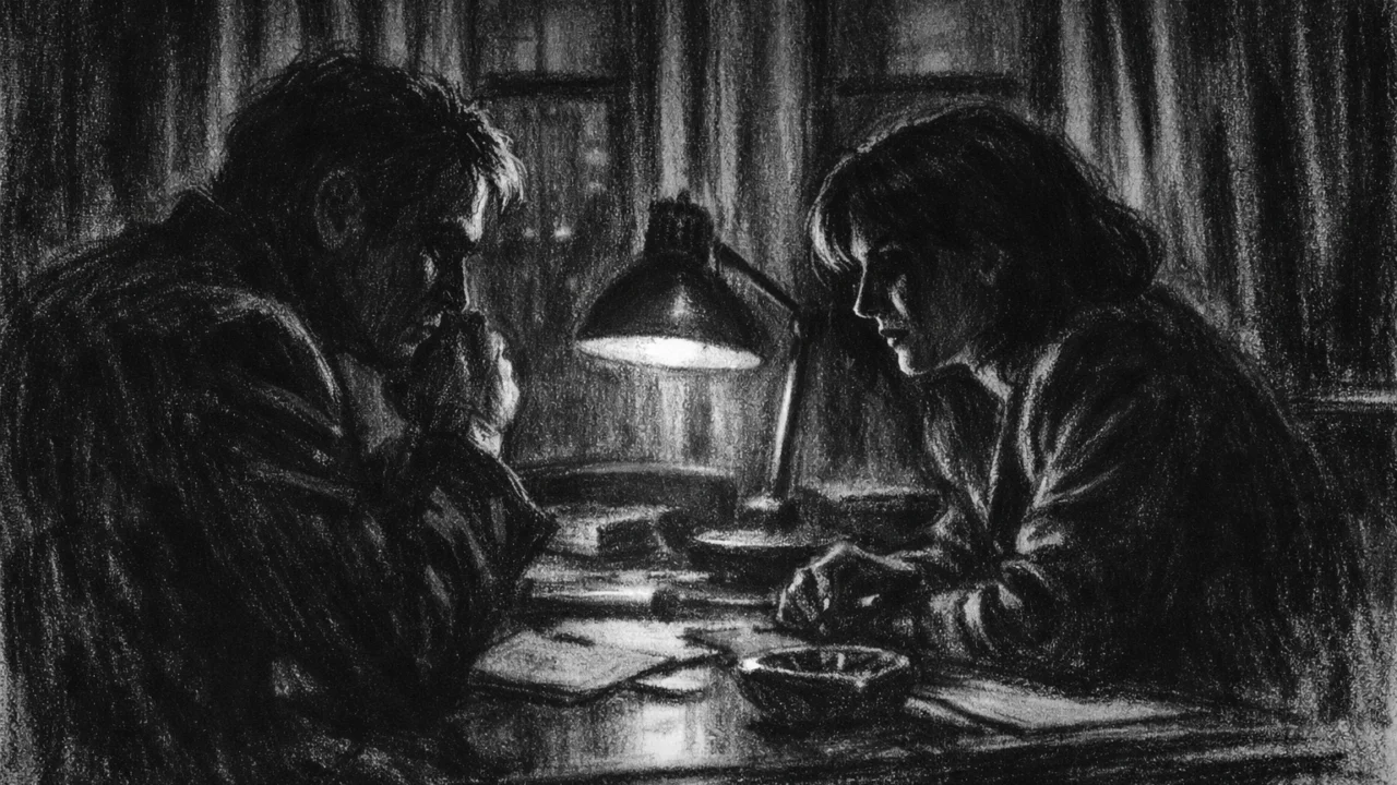 Dvoje ljudi u tihom razgovoru u mračnoj kancelariji, nacrtano u charcoal film noir stilu, crno-bijelo s izraženim sjenama i napetom, introspektivnom atmosferom.