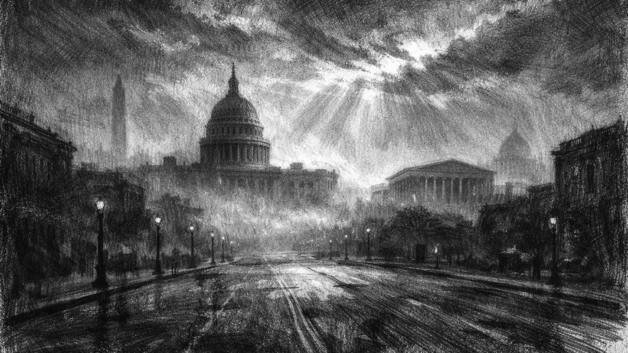Prazna gradska panorama s monumentalnim zgradama u magli, prikazana u charcoal film noir stilu, crno-bijela s dubokim sjenama i melankoličnim osjećajem neizvjesnog početka.