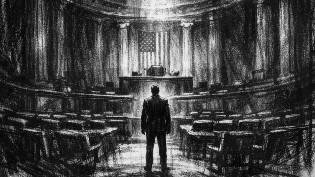 Usamljena figura u monumentalnom interijeru vlasti, prikazana u charcoal film noir stilu, crno-bijela scena s dubokim sjenama i snažnim kontrastom koji naglašava osjećaj odgovornosti i izolacije.