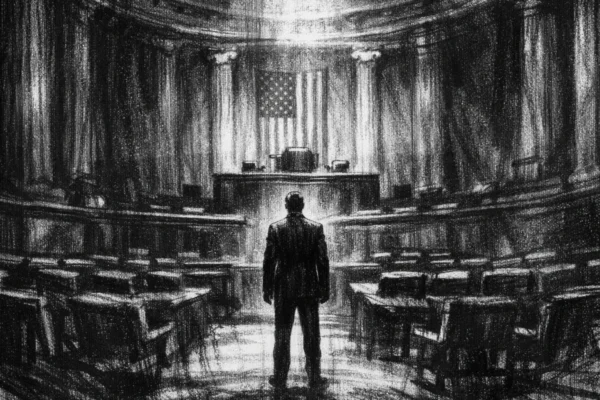 Usamljena figura u monumentalnom interijeru vlasti, prikazana u charcoal film noir stilu, crno-bijela scena s dubokim sjenama i snažnim kontrastom koji naglašava osjećaj odgovornosti i izolacije.