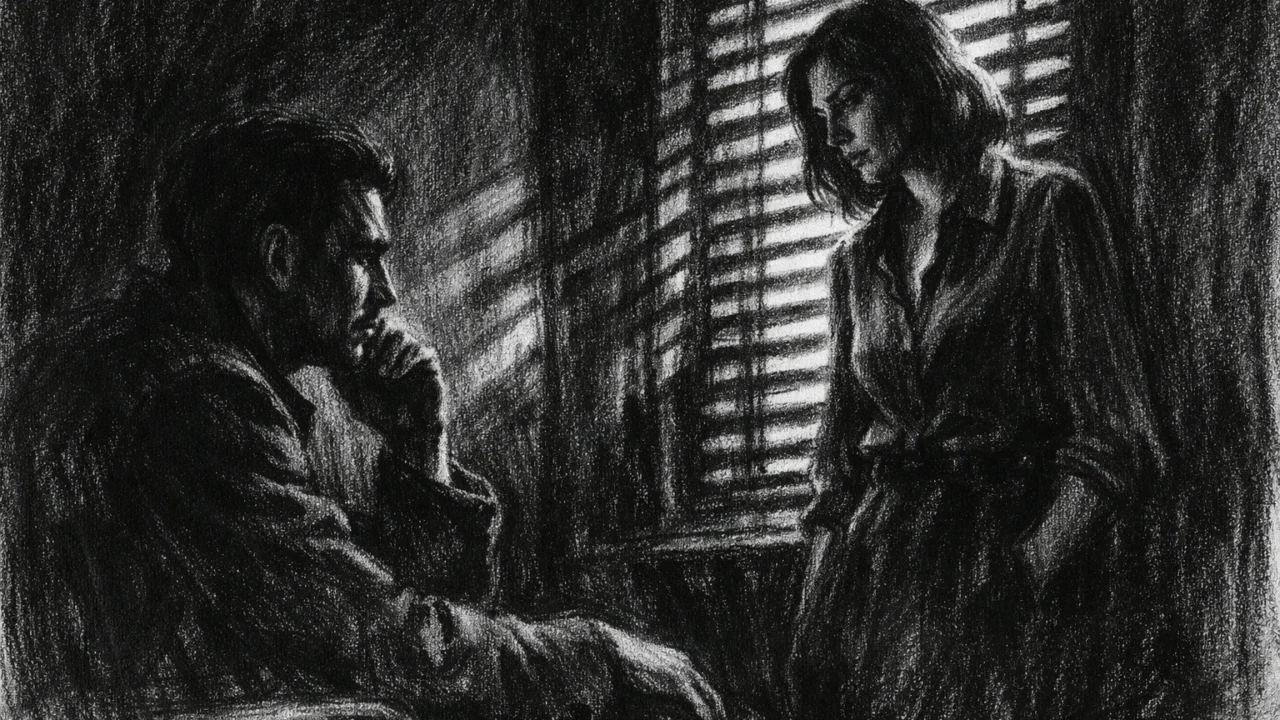 Dvoje ljudi u tihom razgovoru u mračnom interijeru s jakim kontrastima svjetla, charcoal film noir stil.