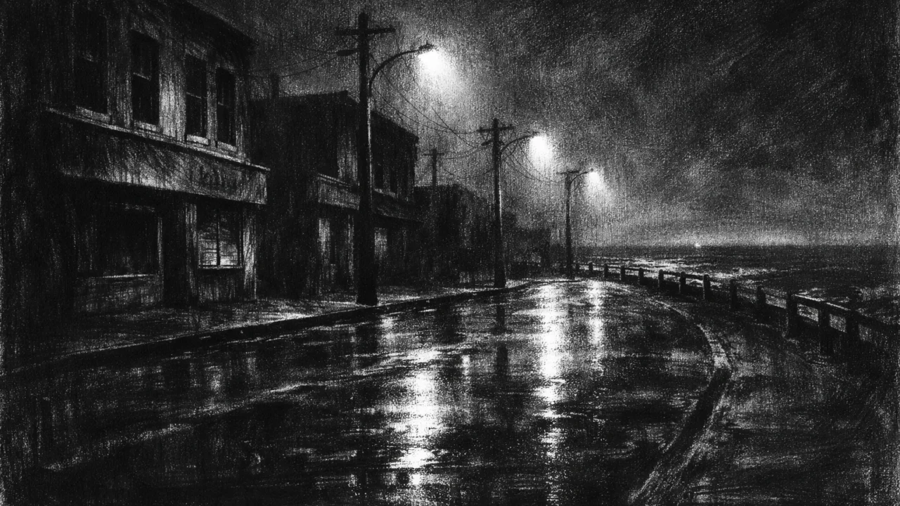 Prazna noćna ulica uz more s refleksijama svjetla i osjećajem nelagode, charcoal film noir stil.