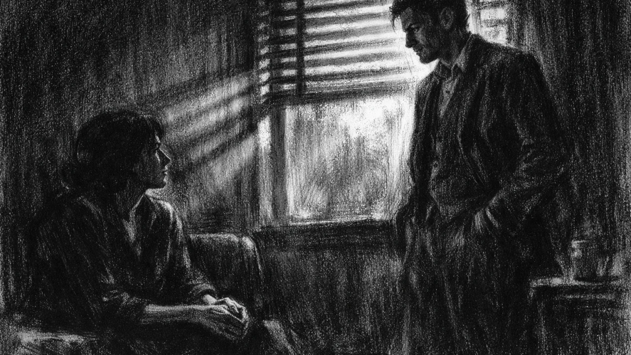 Dvoje ljudi u tihoj napetoj konverzaciji u zatvorenom prostoru, snažni kontrasti svjetla i sjene u charcoal film noir stilu.