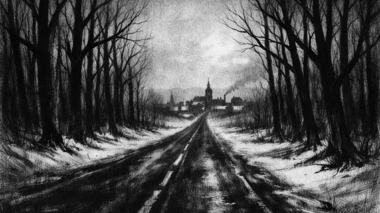 Zimski pejzaž s ogoljenim drvećem i praznom cestom, simbolična i tjeskobna atmosfera u charcoal film noir stilu.