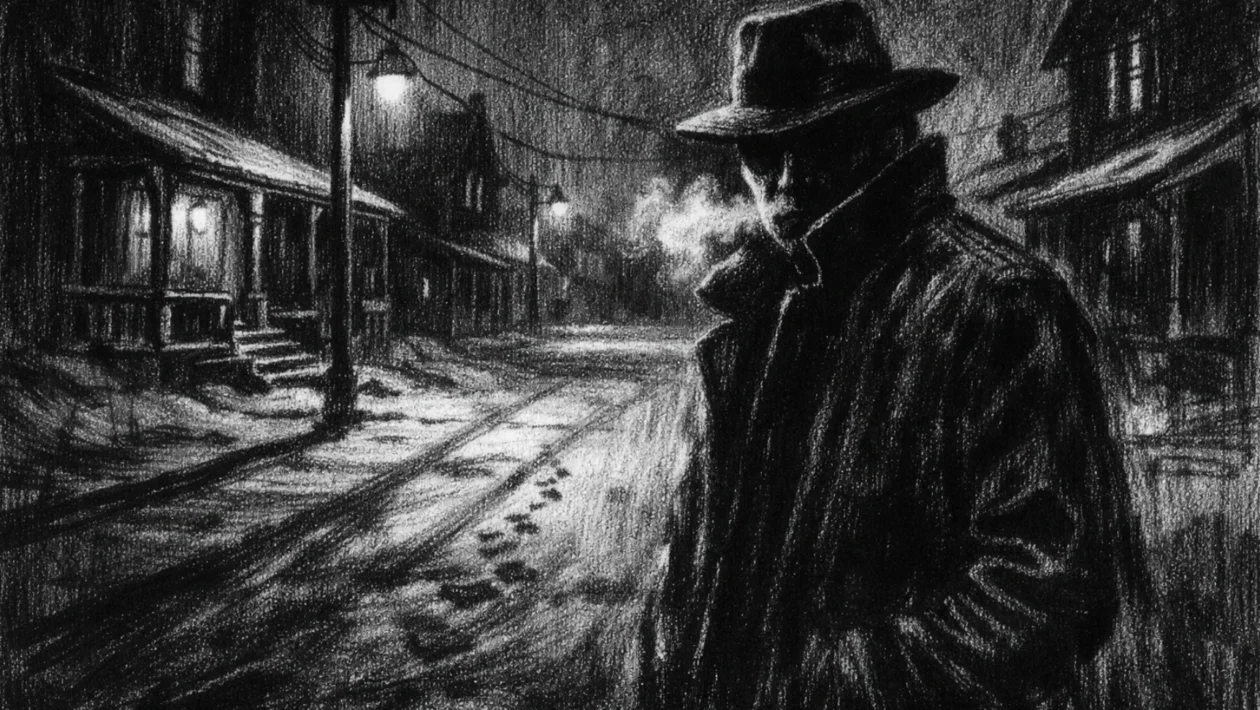 Usamljena figura u snijegom prekrivenoj ulici malog grada, mračno i introspektivno ozračje u charcoal film noir stilu.
