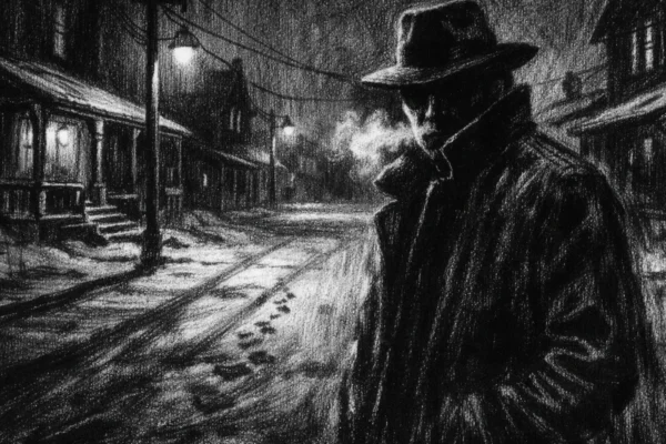 Usamljena figura u snijegom prekrivenoj ulici malog grada, mračno i introspektivno ozračje u charcoal film noir stilu.